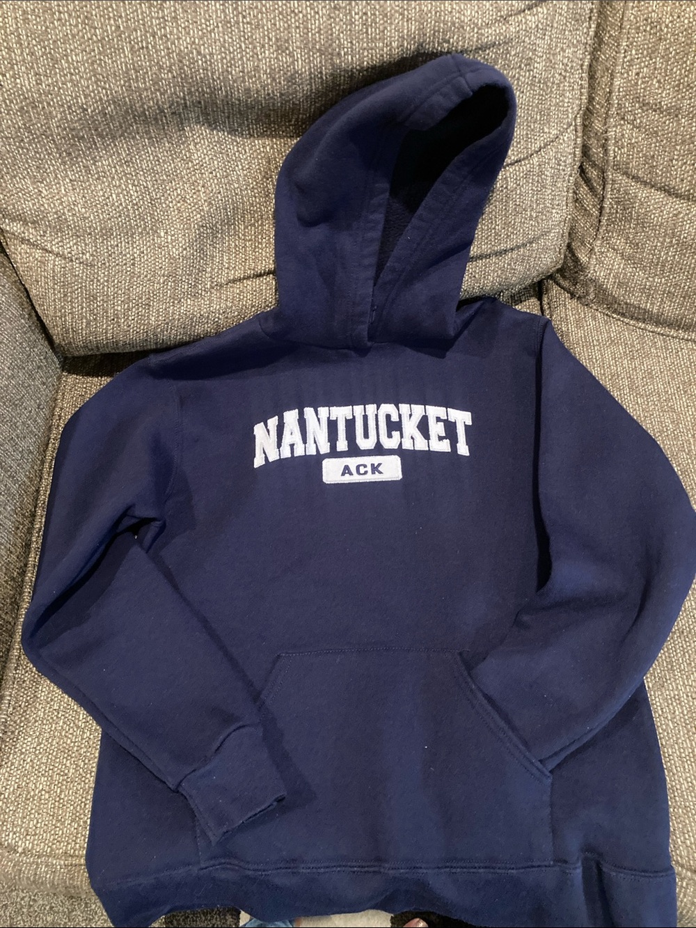 Russell Athletic Navy Hoodie with White Nantucket Logo - size Small